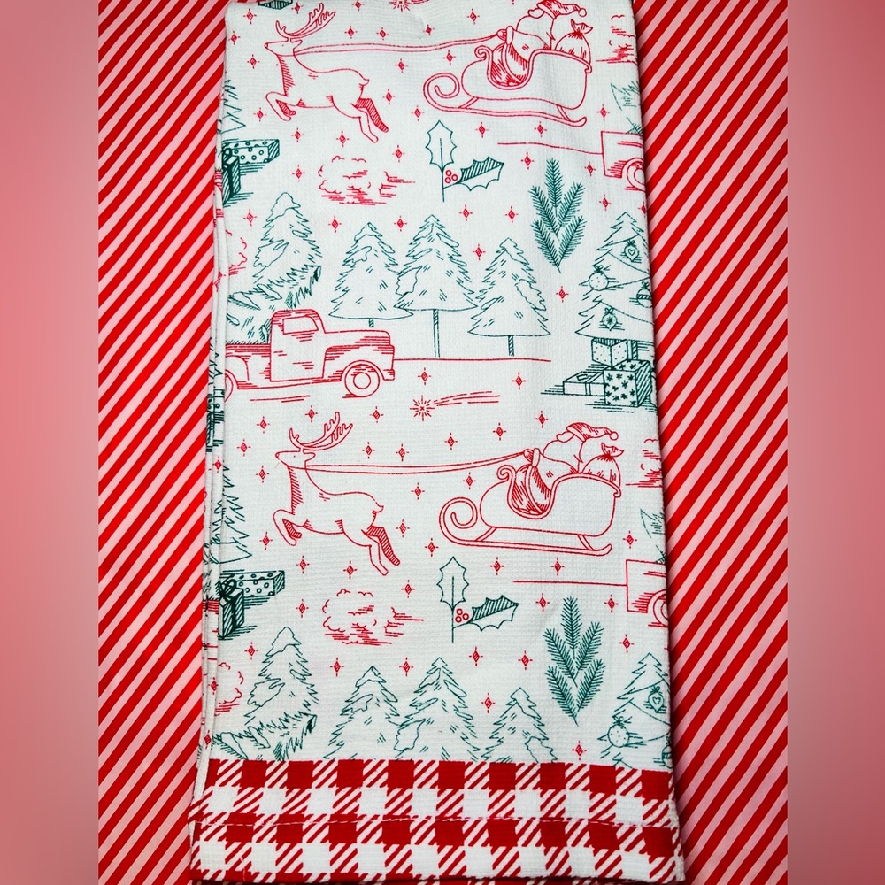 2 Christmas Kitchen Towels Santa on Sleigh Reindeer Trees Red Truck Holly